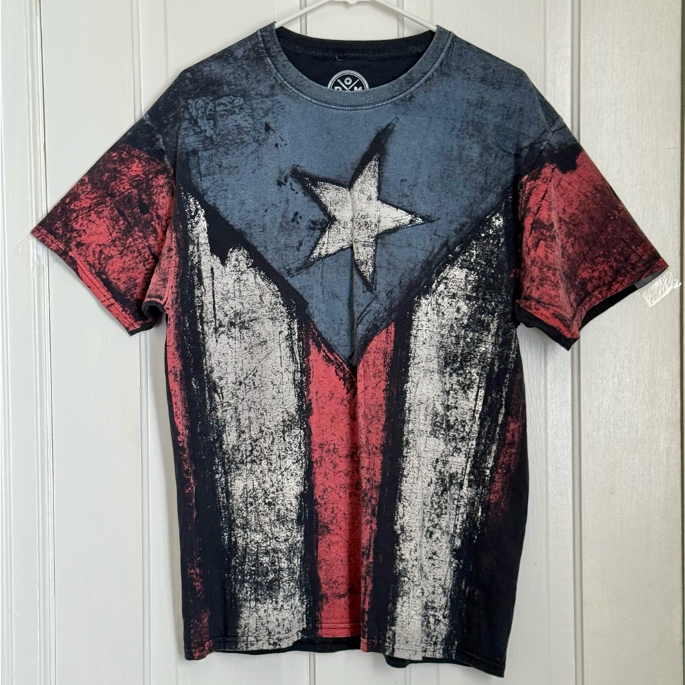 ODM Men's Distressed Graphic Print T-Shirt - Red, White & Blue Large